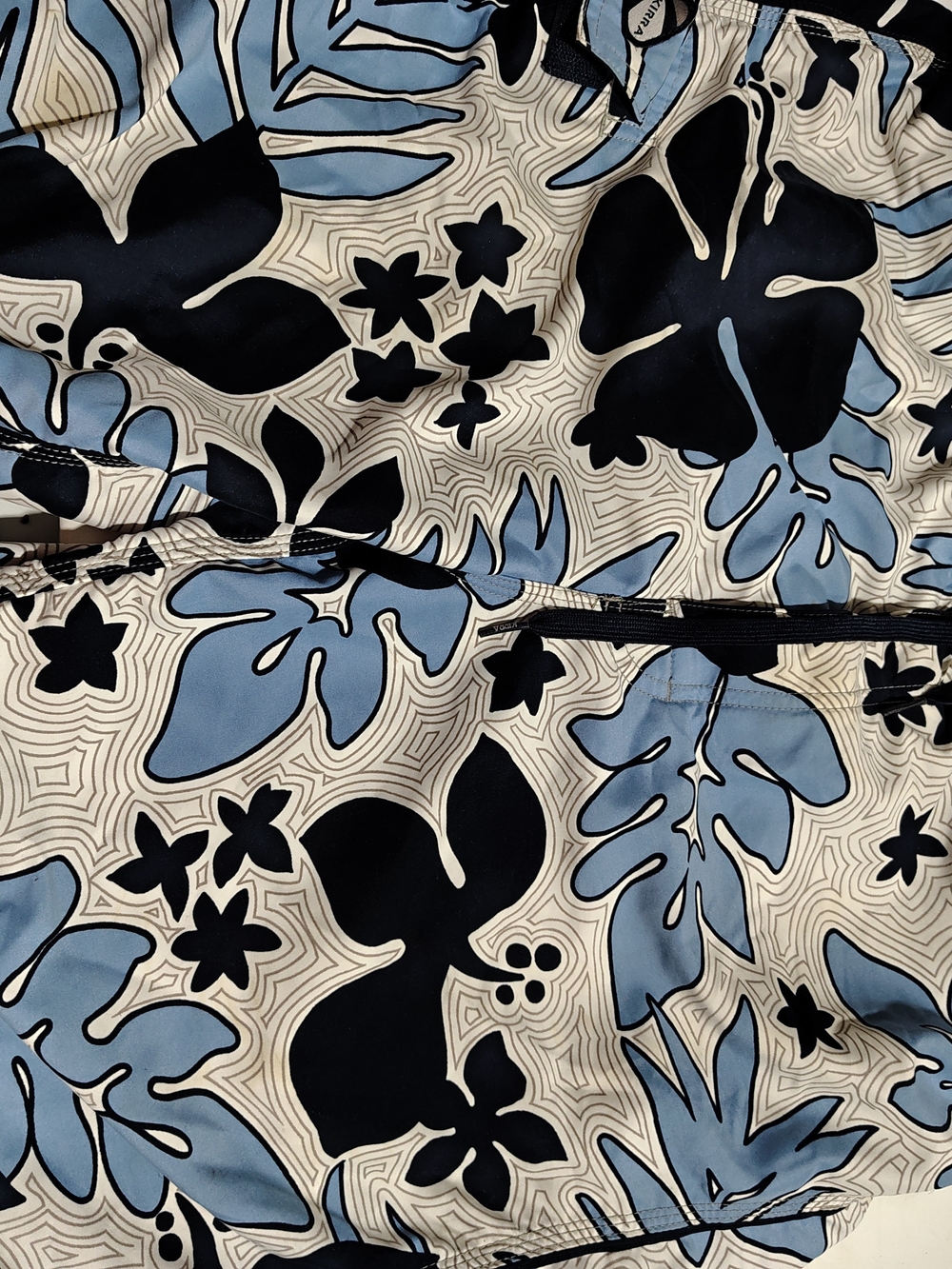 Floral Print Swim Trunks in Light Blue, Black & Cream
